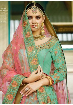 Green and Pink Color Raw, Satin Silk, Net Viscose dola Georgette Stone With Embroidery